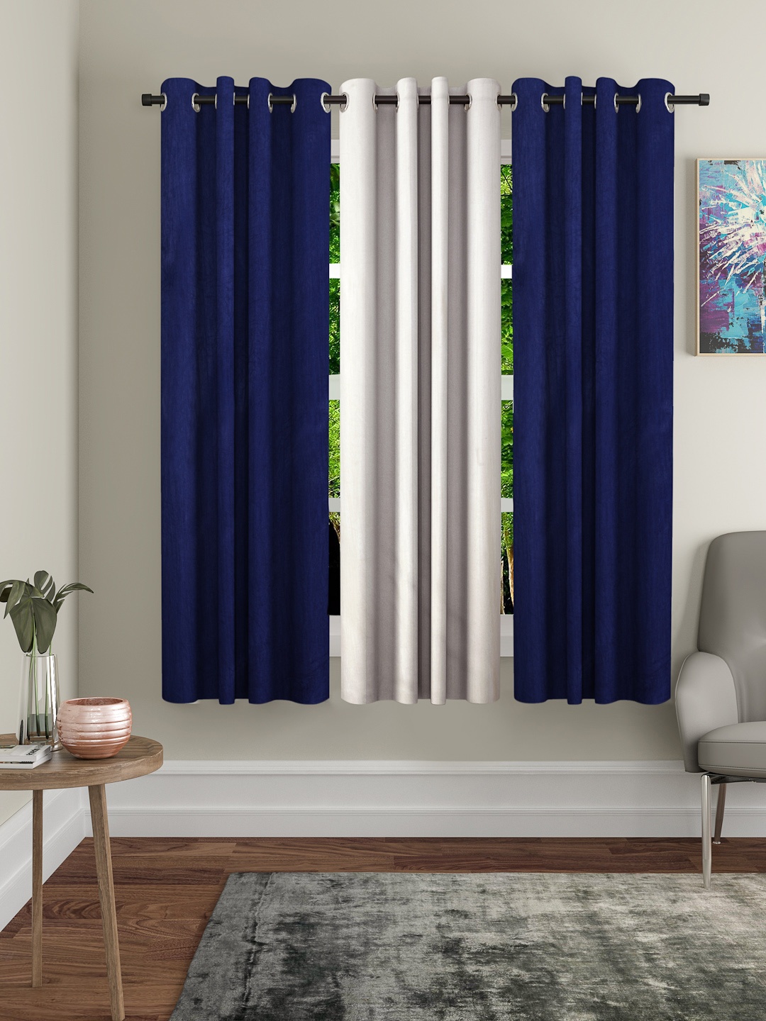 Home Sizzler Navy Blue & Cream-Coloured Set of 3 Window Curtains