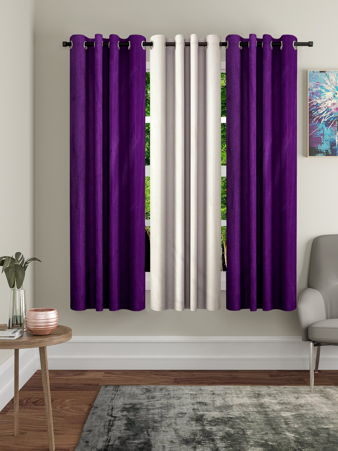 Home Sizzler Purple & Cream-Coloured Set of 3 Window Curtains