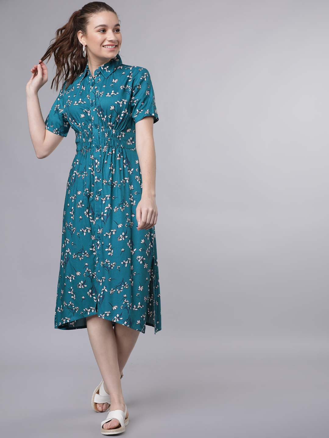 Tokyo Talkies Women Sea Green & White Printed Shirt Dress
