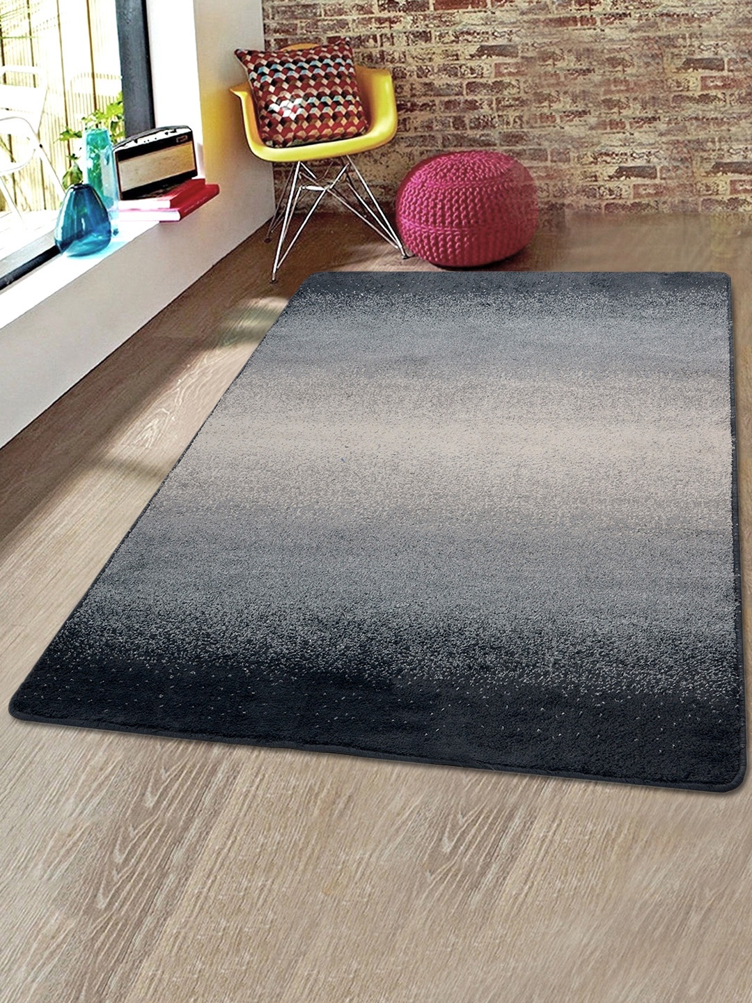 Saral Home Grey & Black Colourblocked Microfiber Anti-Skid Carpet