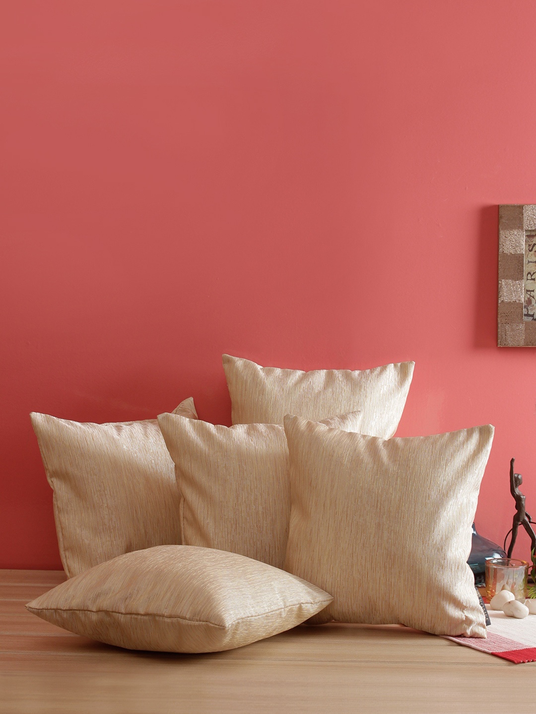 ROMEE Beige & Golden Set of 5 Self Design Square Cushion Covers