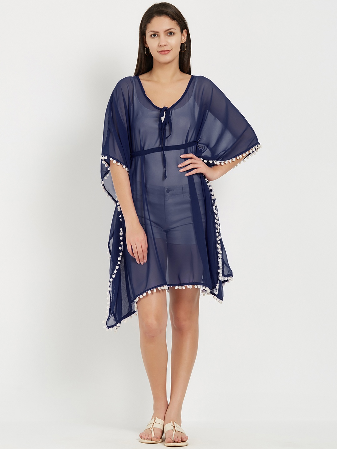 MIRCHI FASHION Women Navy Blue Solid Swimwear Cover Up Kaftan Dress