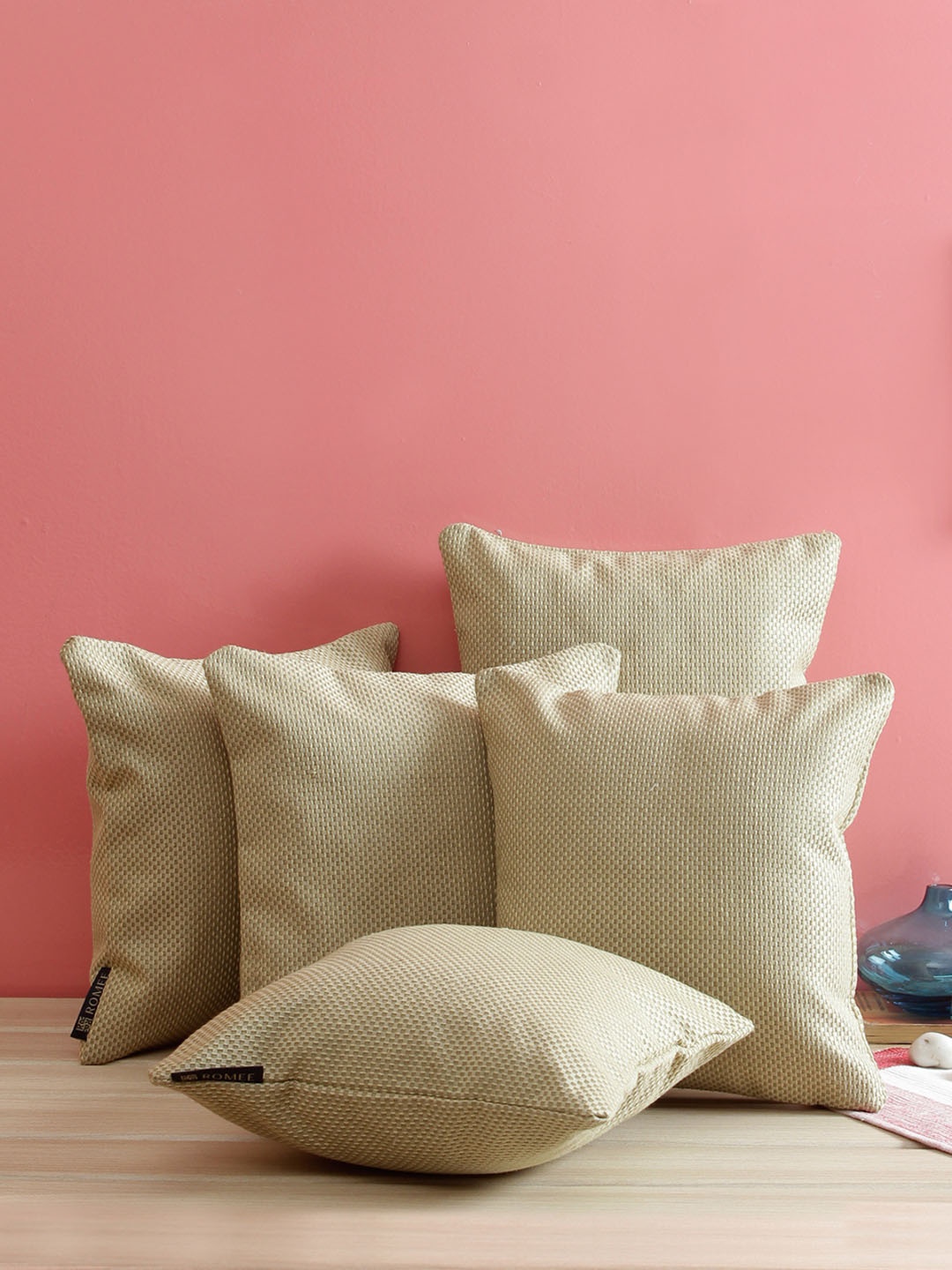 ROMEE Beige Set of 5 Self Design Square Cushion Covers