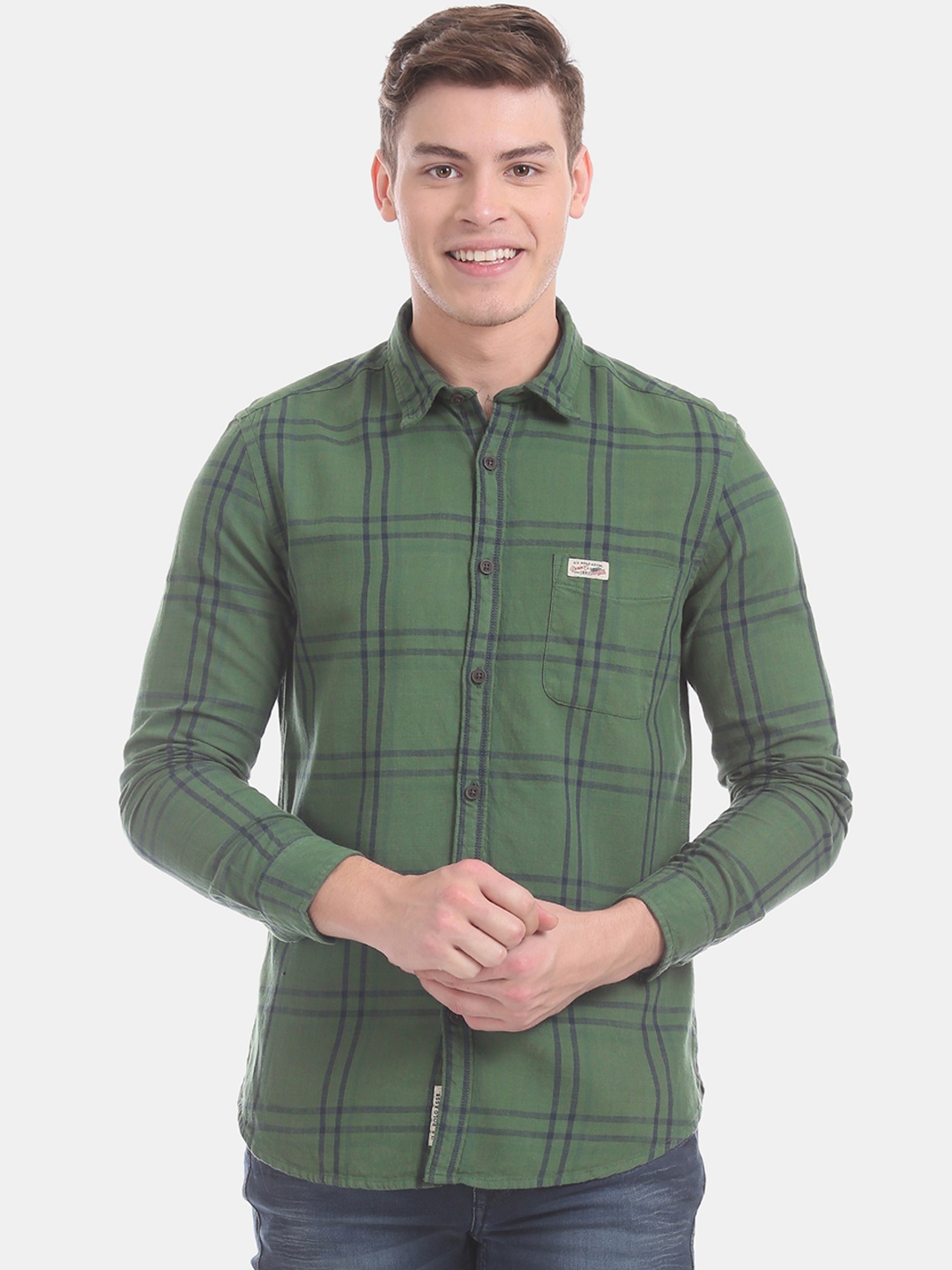 U.S. Polo Assn. Men Green & Navy Blue Slim Fit Checked Casual Shirt