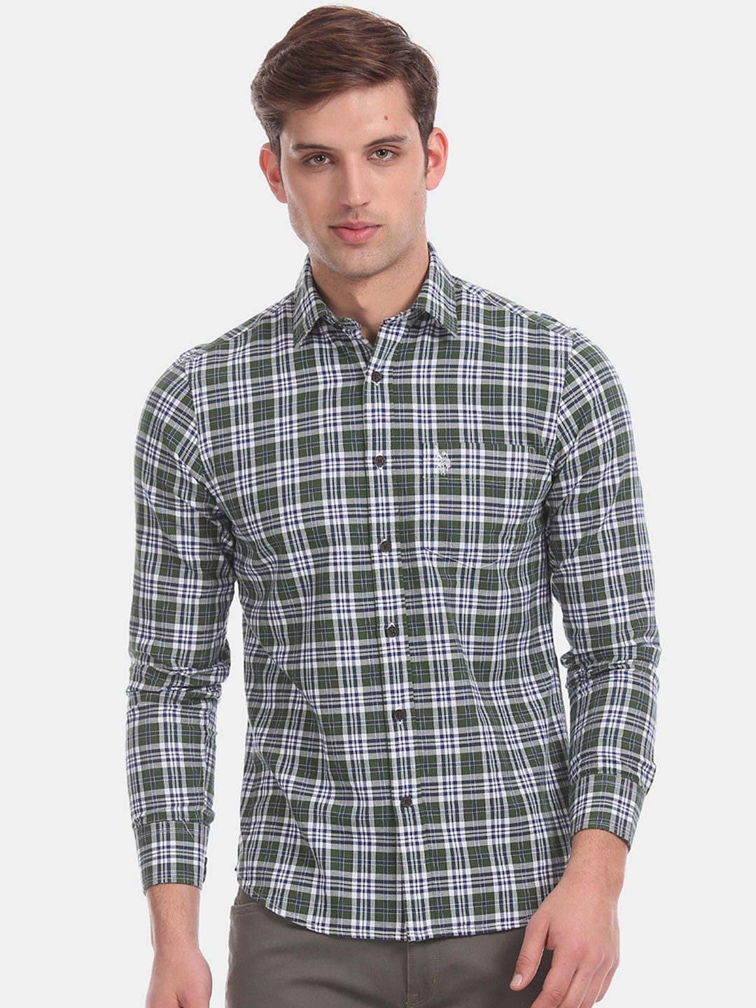 U.S. Polo Assn. Men Green Regular Fit Checked Casual Shirt