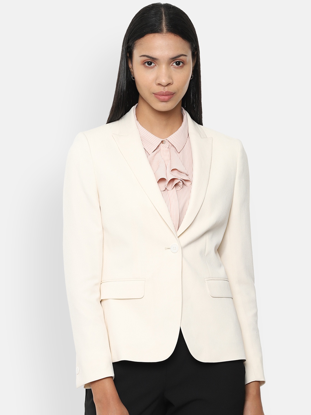 Van Heusen Woman Cream-Coloured Solid Single-Breasted Blazer