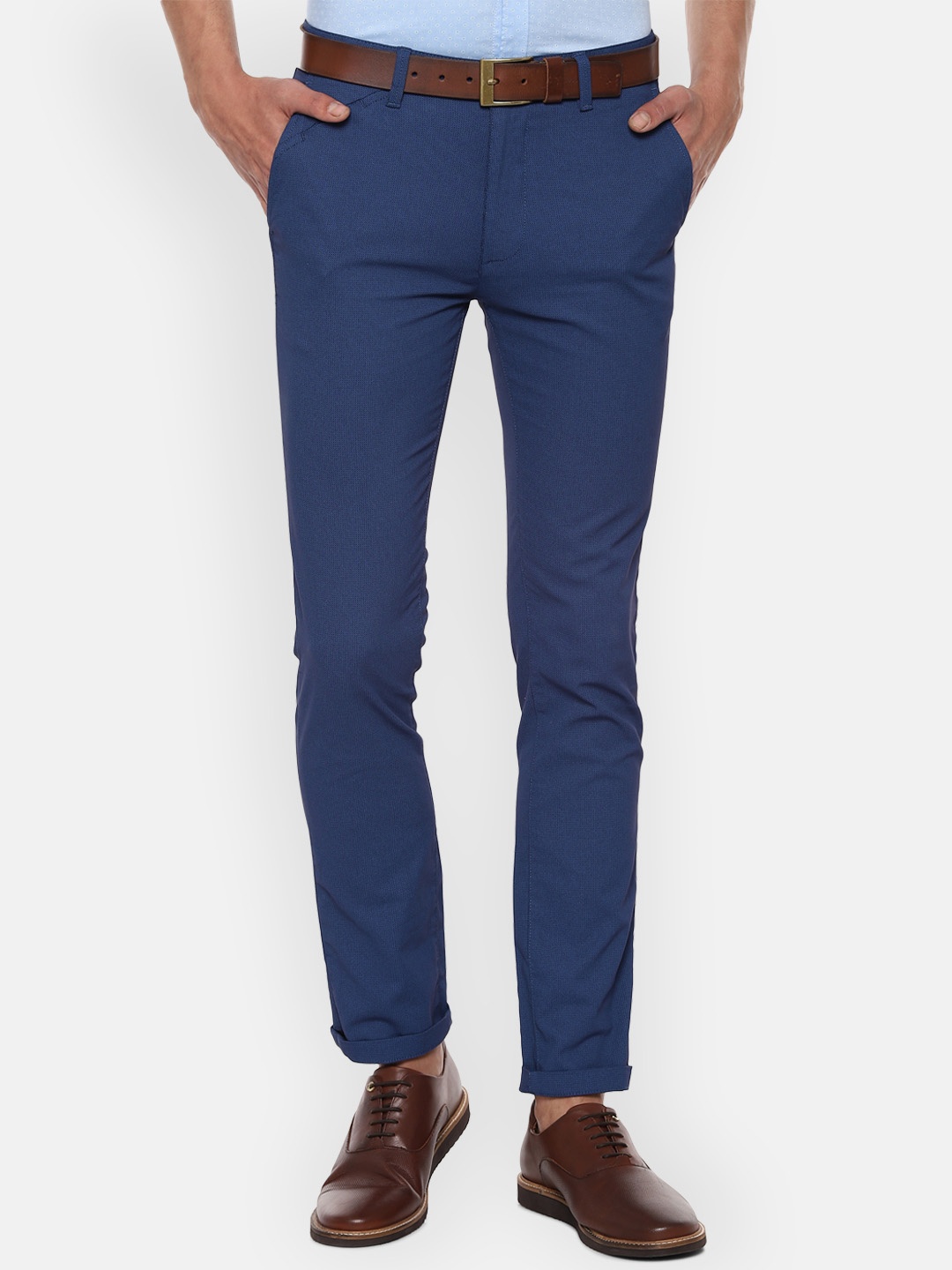 V Dot Men Blue Slim Fit Self Design Regular Trousers