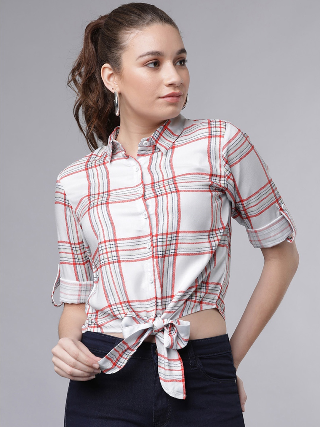 Tokyo Talkies Women White & Peach-Coloured Regular Fit Checked Casual Crop Shirt
Tokyo Talkies Women White & Peach-Coloured Regular Fit Checked Casual Crop Shirt