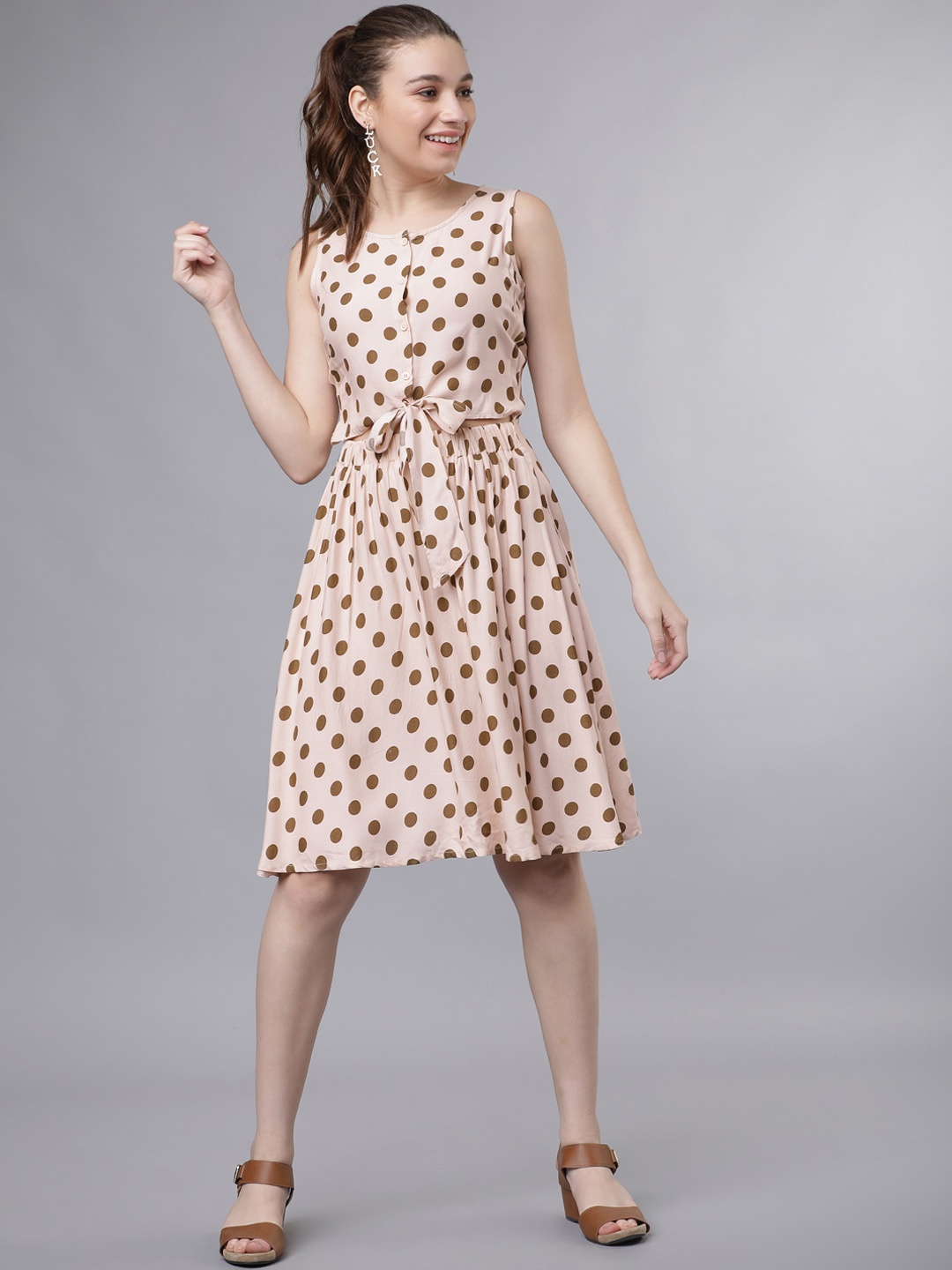 Tokyo Talkies Women Pink & Brown Printed Fit and Flare Dress