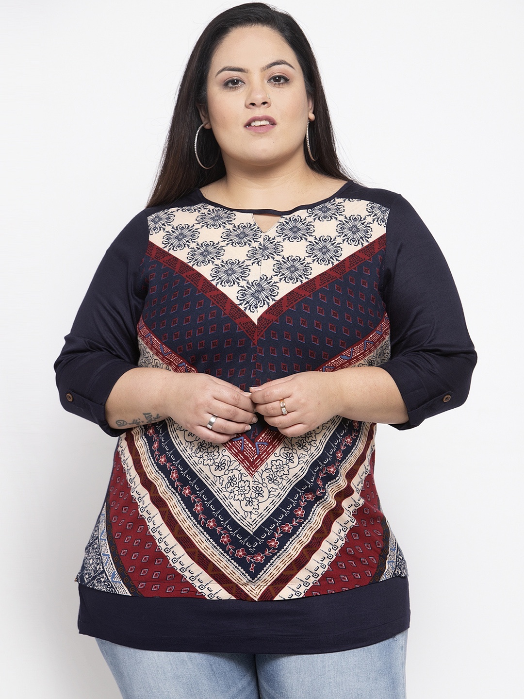 plusS Women Navy Blue & Red Printed Top