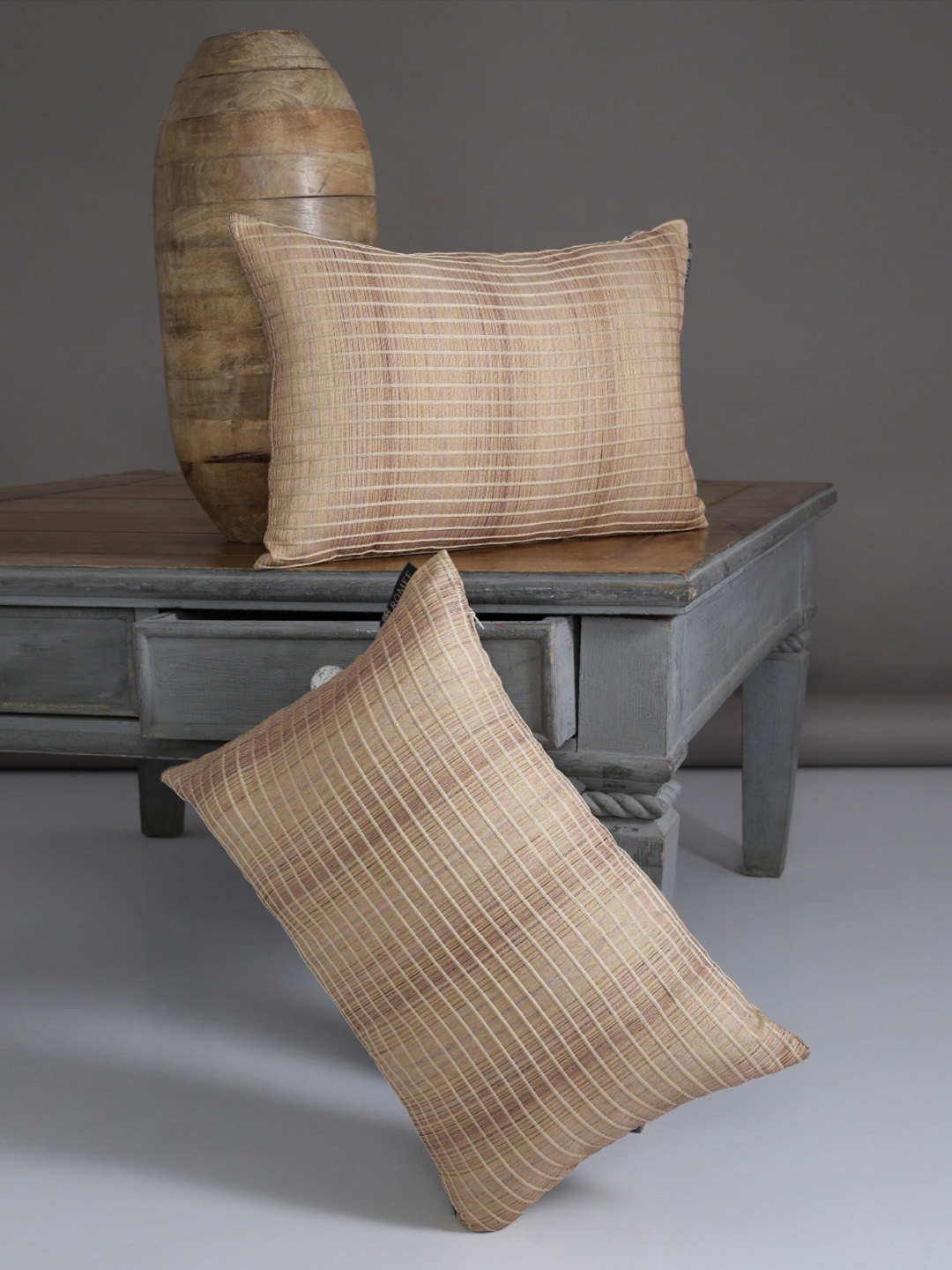 ROMEE Beige Set of 2 Self Design Rectangle Cushion Covers