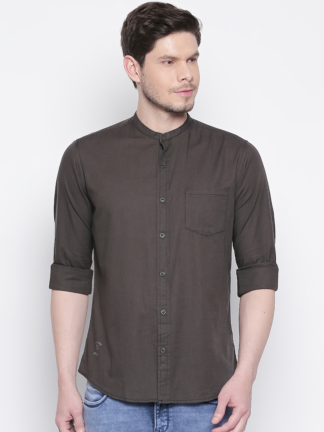 Mufti Men Charcoal Grey Solid Original Slim Fit Casual Shirt