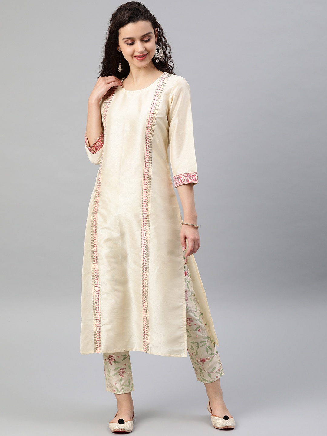 ZIYAA Women Cream-Coloured & Pink Printed Straight Kurta