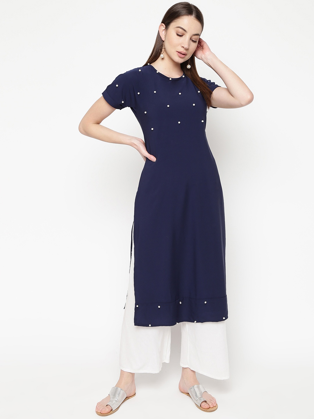 Napra Women Navy Blue Solid Straight Kurta