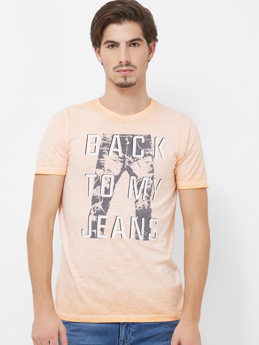 Killer Men Orange Printed Round Neck T-shirt