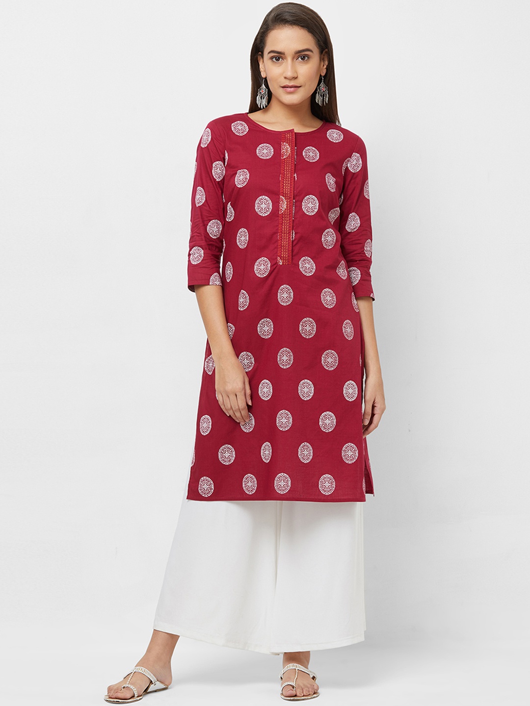 Fusion Beats Women Maroon & White Printed Straight Kurta