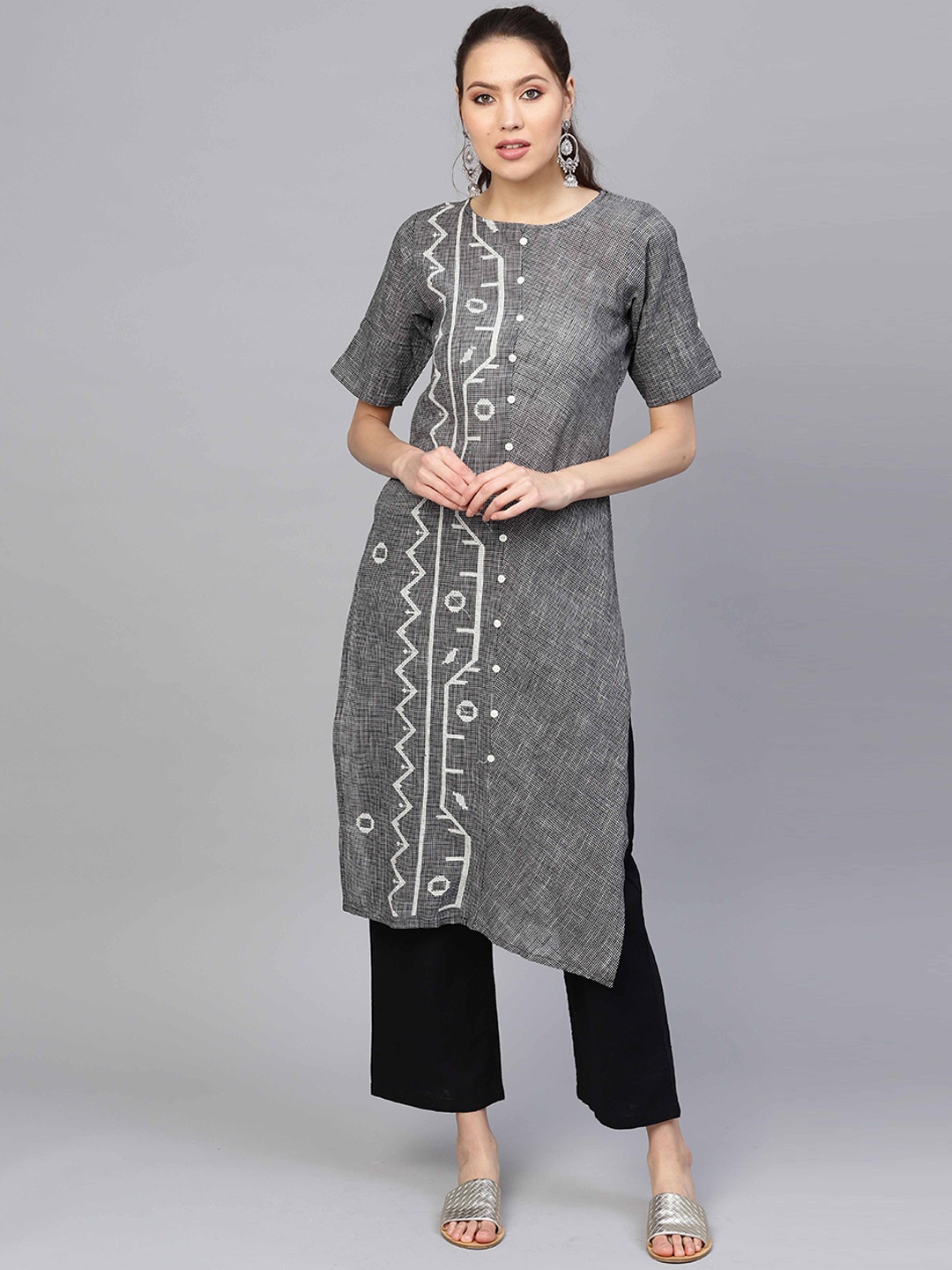 Indo Era Women Black & White Embroidered Straight Kurta