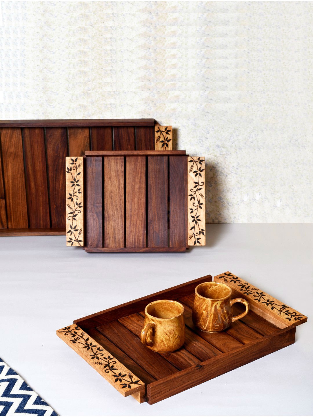Unravel India Seesham Set of 3 Brown Wood Burnt Tray Set