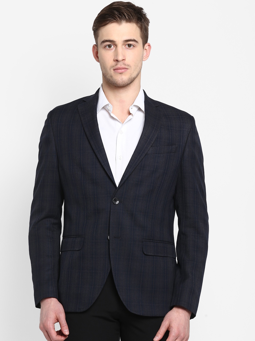 Aditi Wasan Men Grey & Blue Checked Single-Breasted Formal Blazer