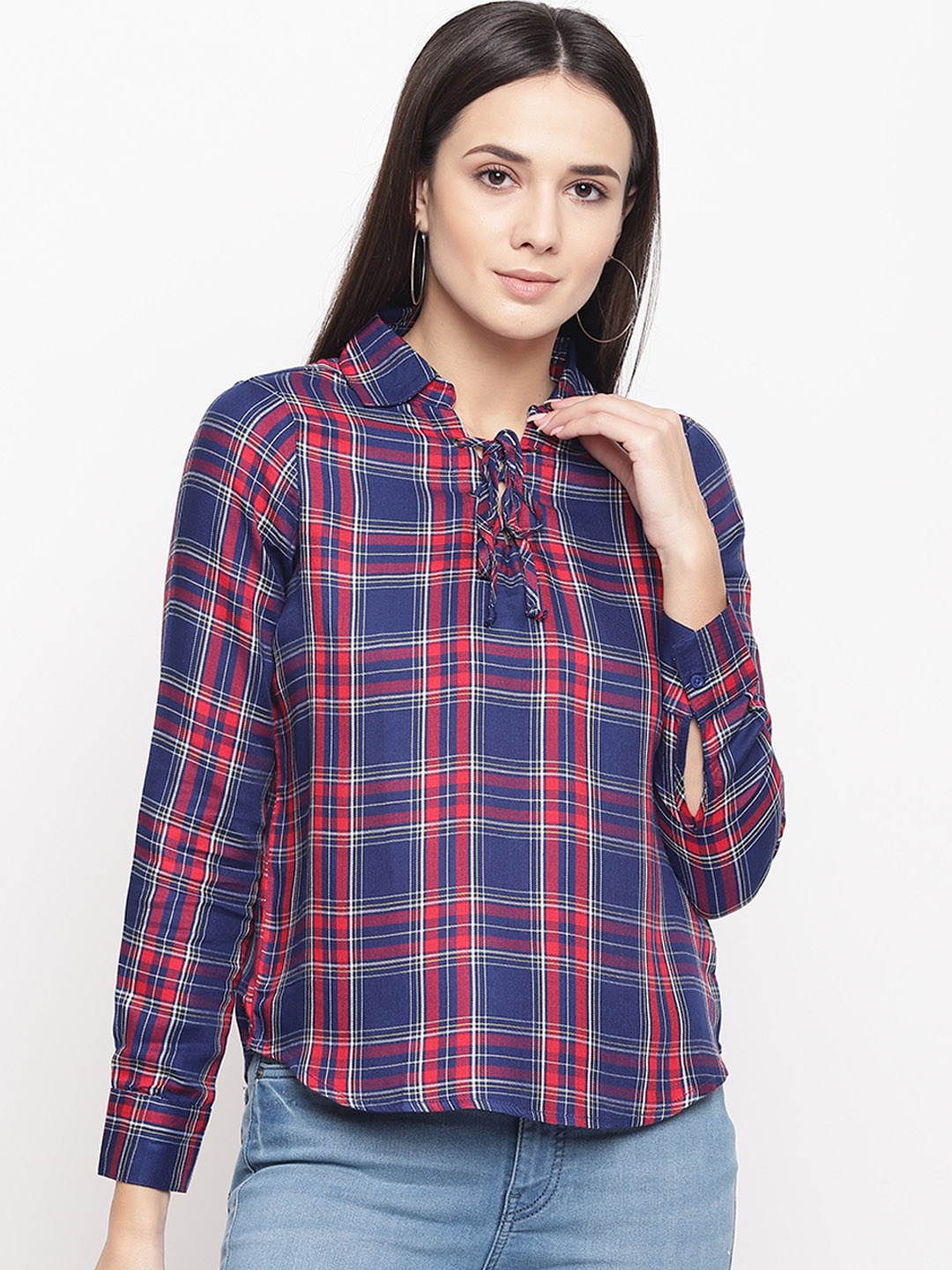 Aeropostale Women Blue & Red Checked Shirt Style Top