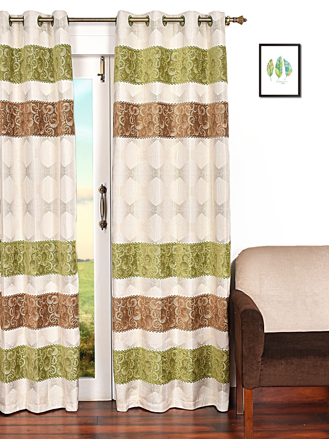 Ariana Beige & Green Single Room Darkening Door Curtain