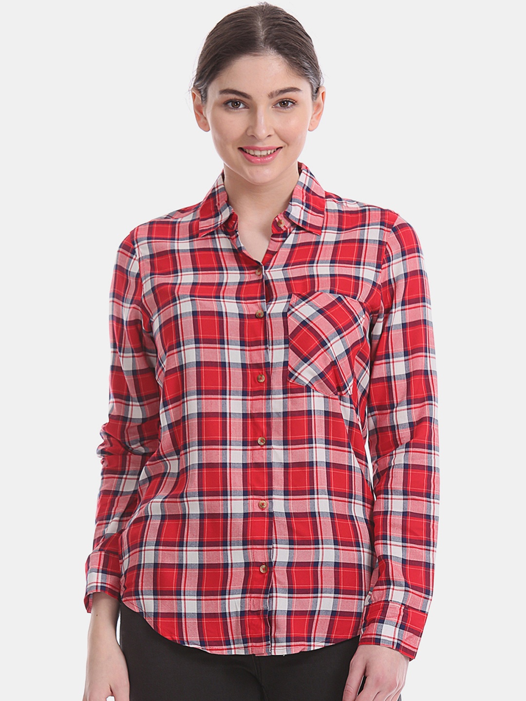 Aeropostale Women Red & White Regular Fit Checked Casual Shirt