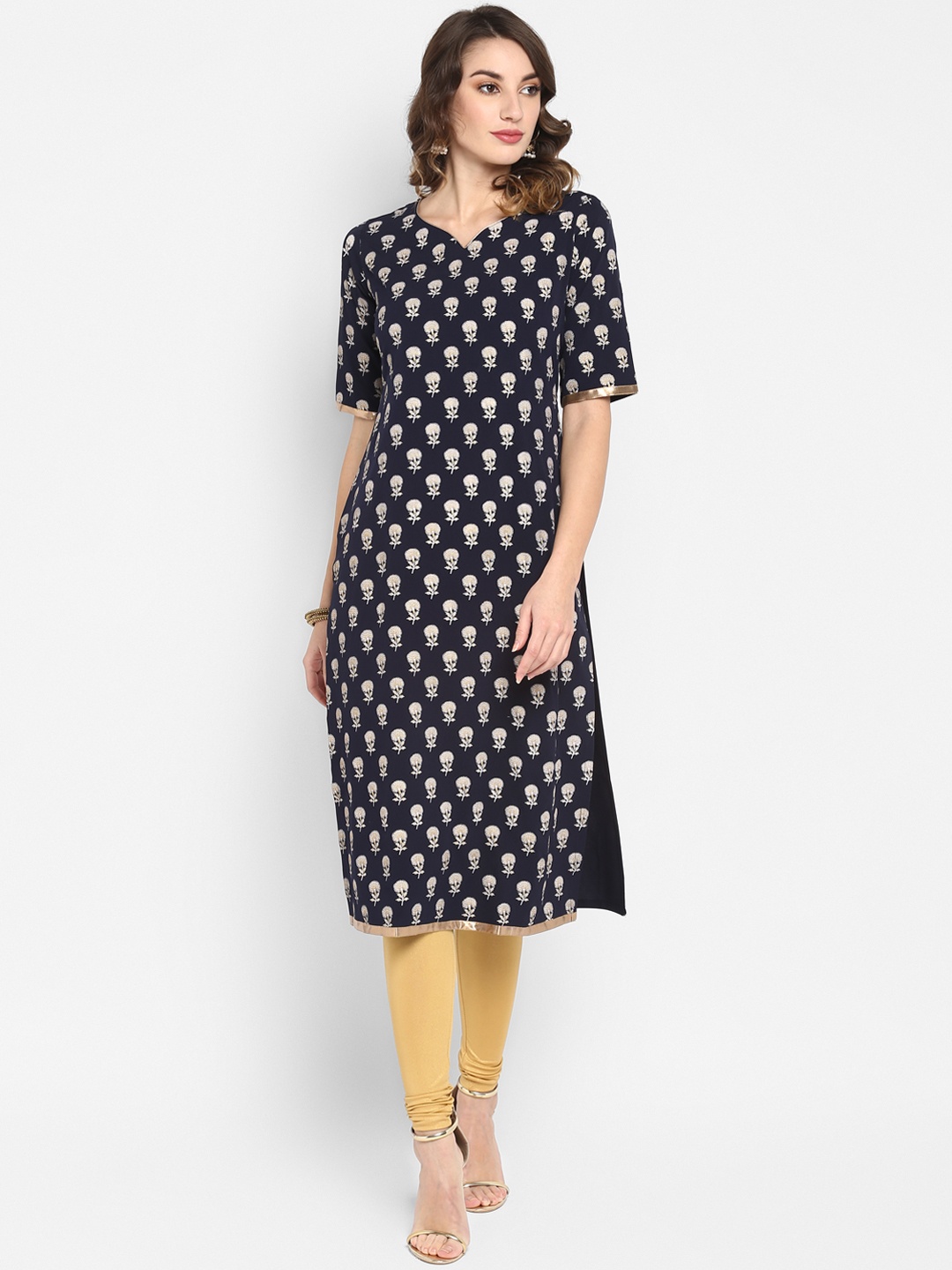 Janasya Women Navy Blue & Beige Printed Straight Kurta