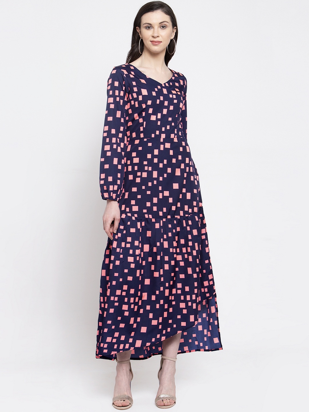 Karmic Vision Women Navy Blue And Pink Printed Maxi Dress