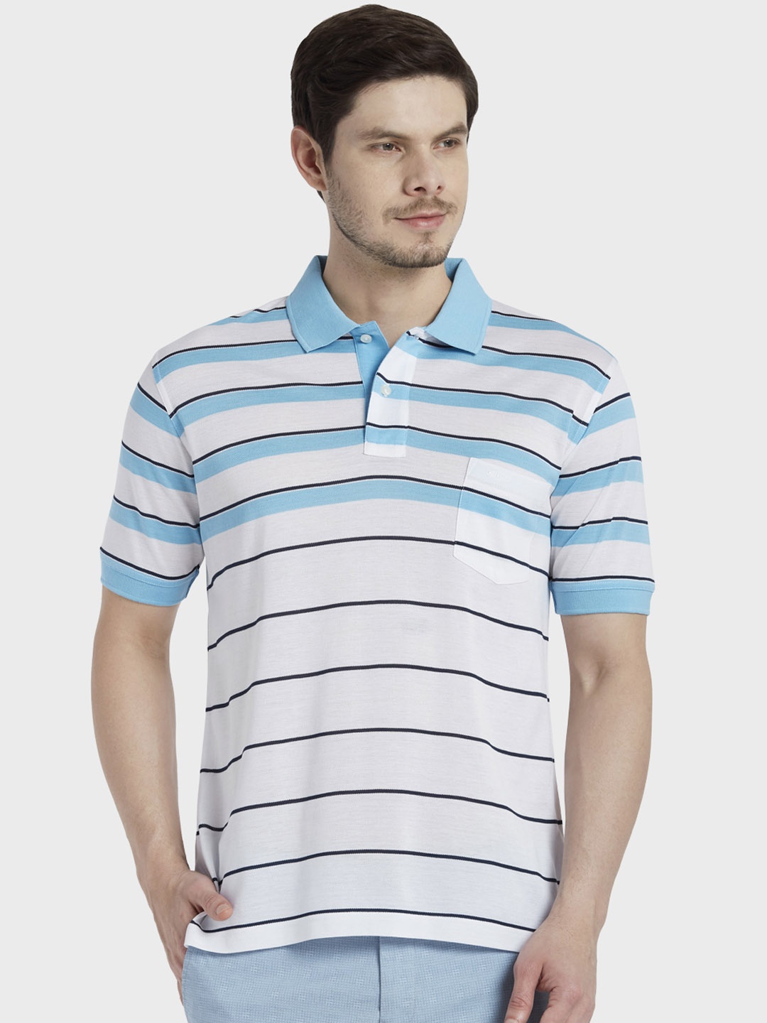 ColorPlus Men White & Blue Striped Polo Collar T-shirt