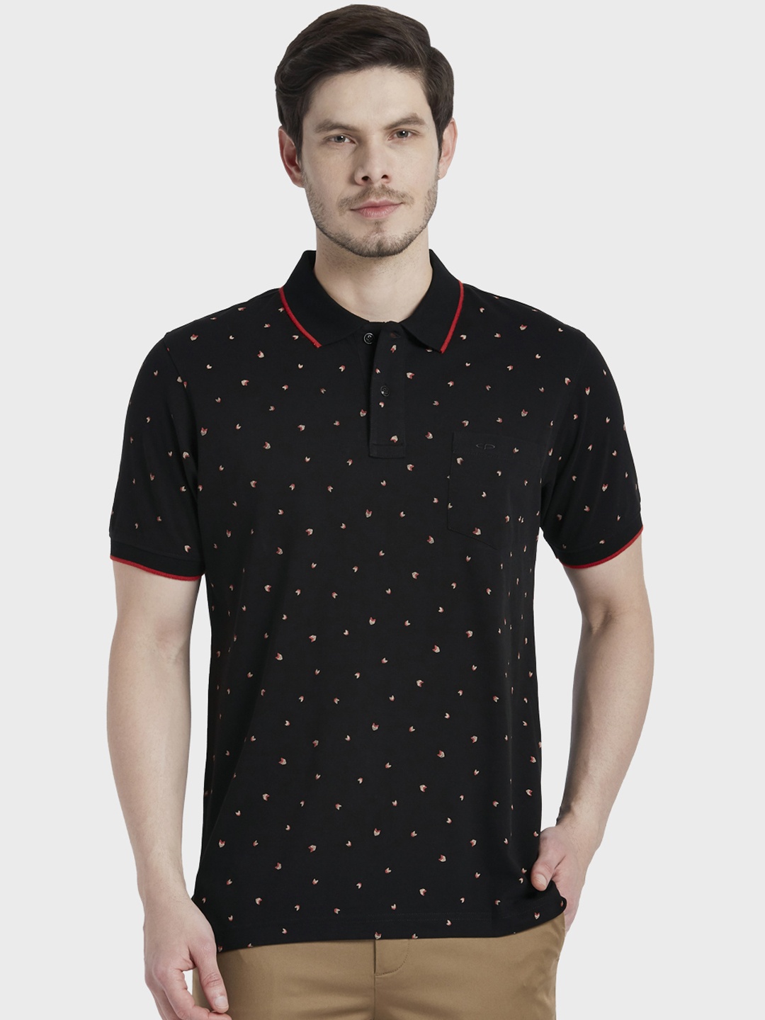 ColorPlus Men Black Printed Polo Collar T-shirt