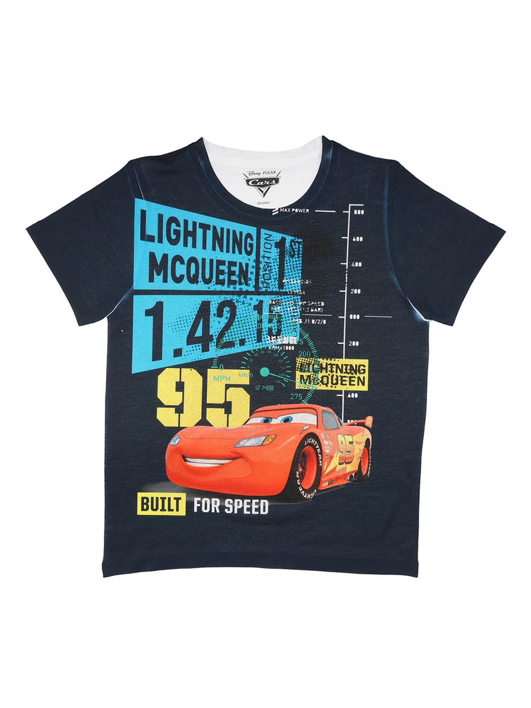 YK Disney Boys Navy Blue Cars Printed Round Neck T-shirt