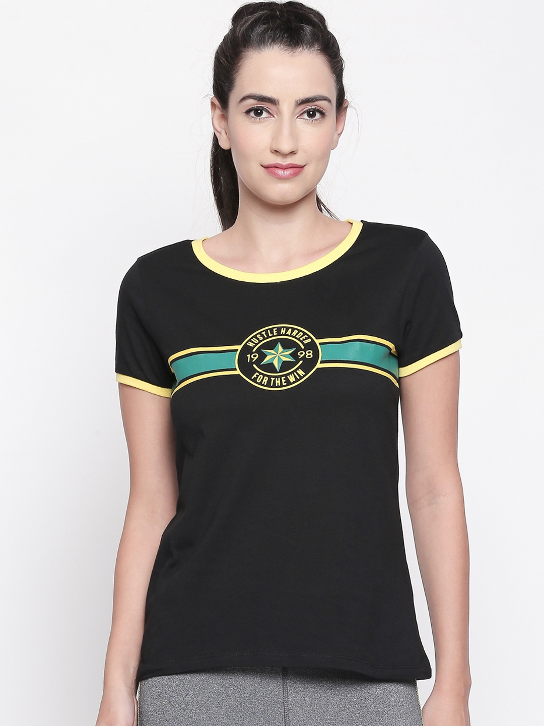 Ajile by Pantaloons Women Black & Green Printed Round Neck T-shirt