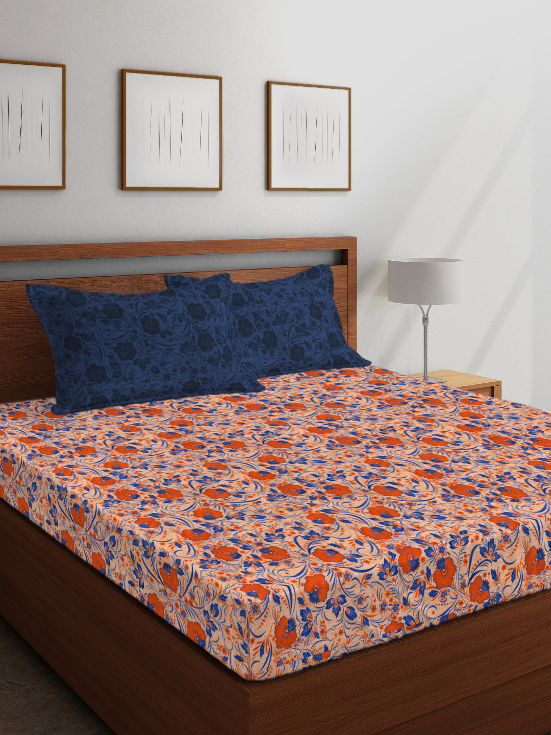 Boutique Living India Orange & Blue Floral 210 TC Cotton 1 King Bedsheet with 2 Pillow Covers 
Boutique Living India Orange & Blue Floral 210 TC Cotton 1 King Bedsheet with 2 Pillow Covers