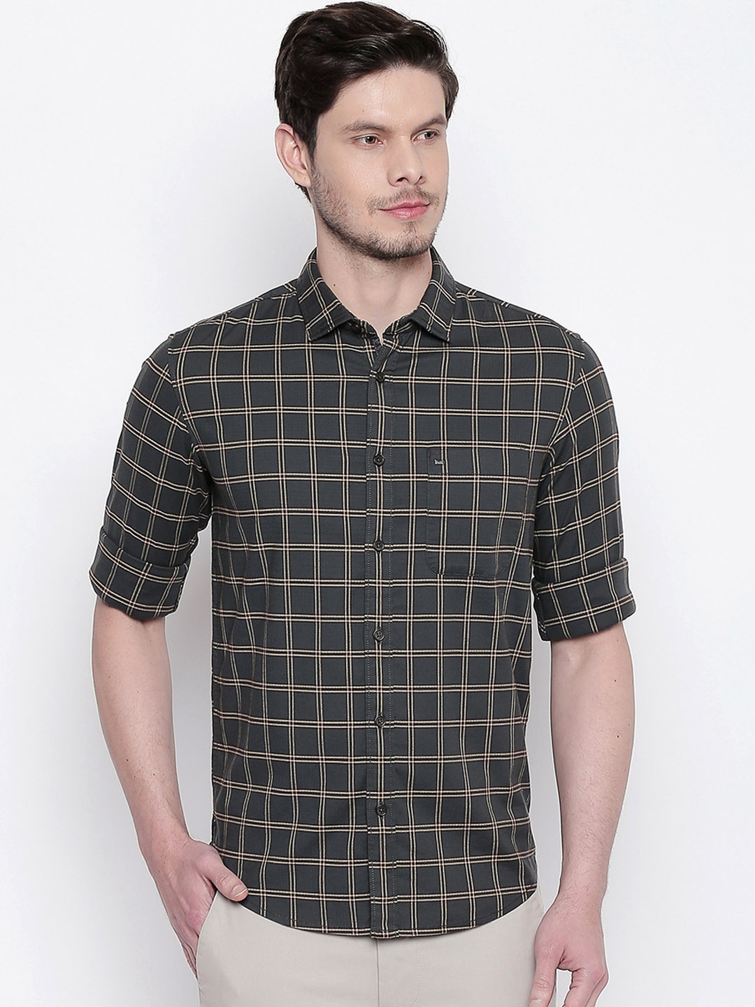 Basics Men Olive Green Slim Fit Checked Casual Shirt