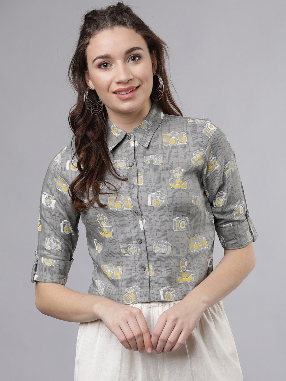 Vishudh Women Grey & Yellow Regular Fit Printed Casual Shirt