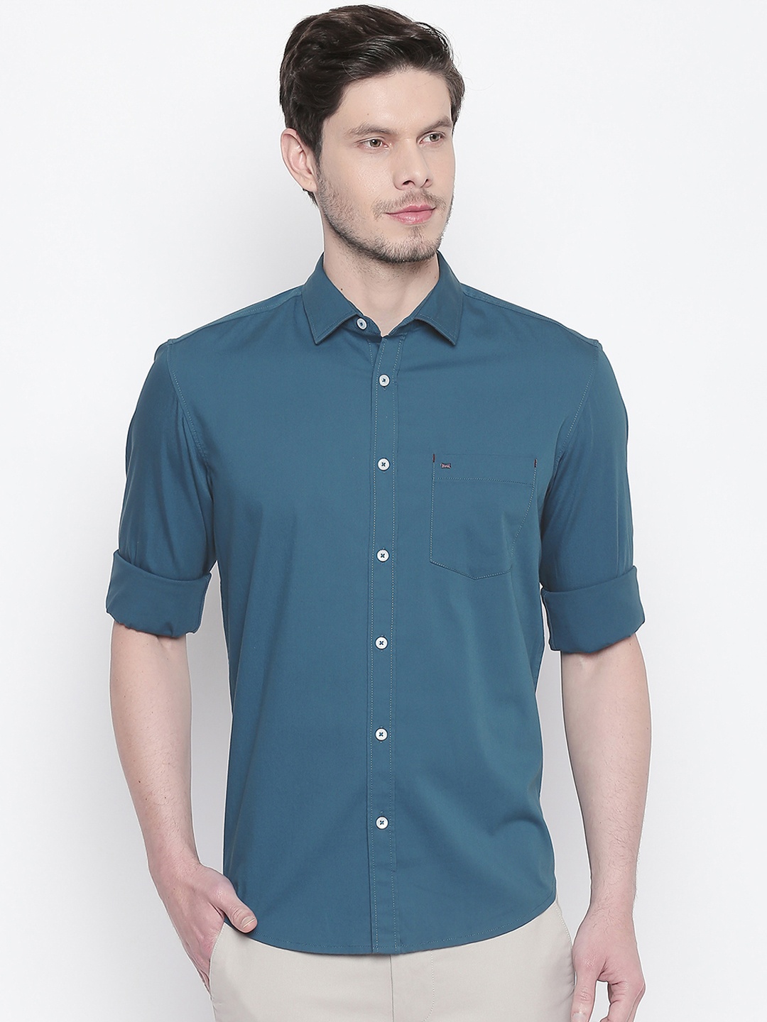 Basics Men Turquoise Blue Slim Fit Solid Casual Shirt