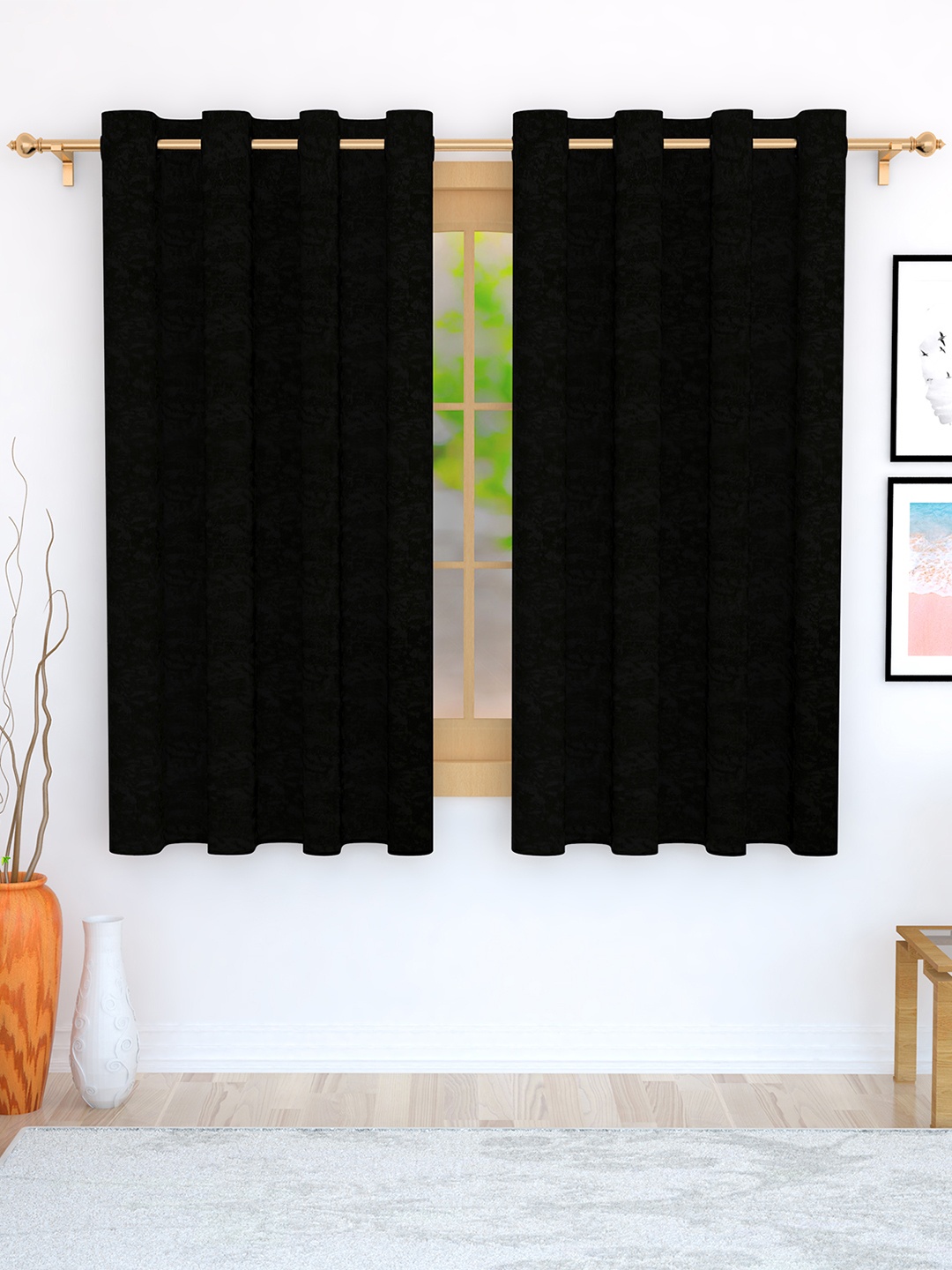 Story@home Set of 2 Black Jacquard Textured Window Curtains