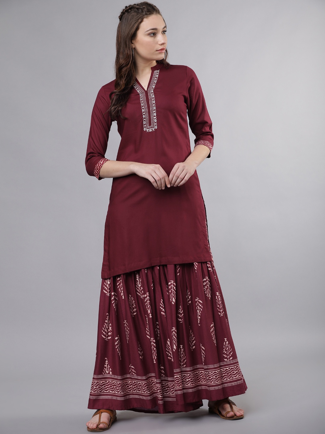 Vishudh Women Maroon Solid Kurta with Palazzos