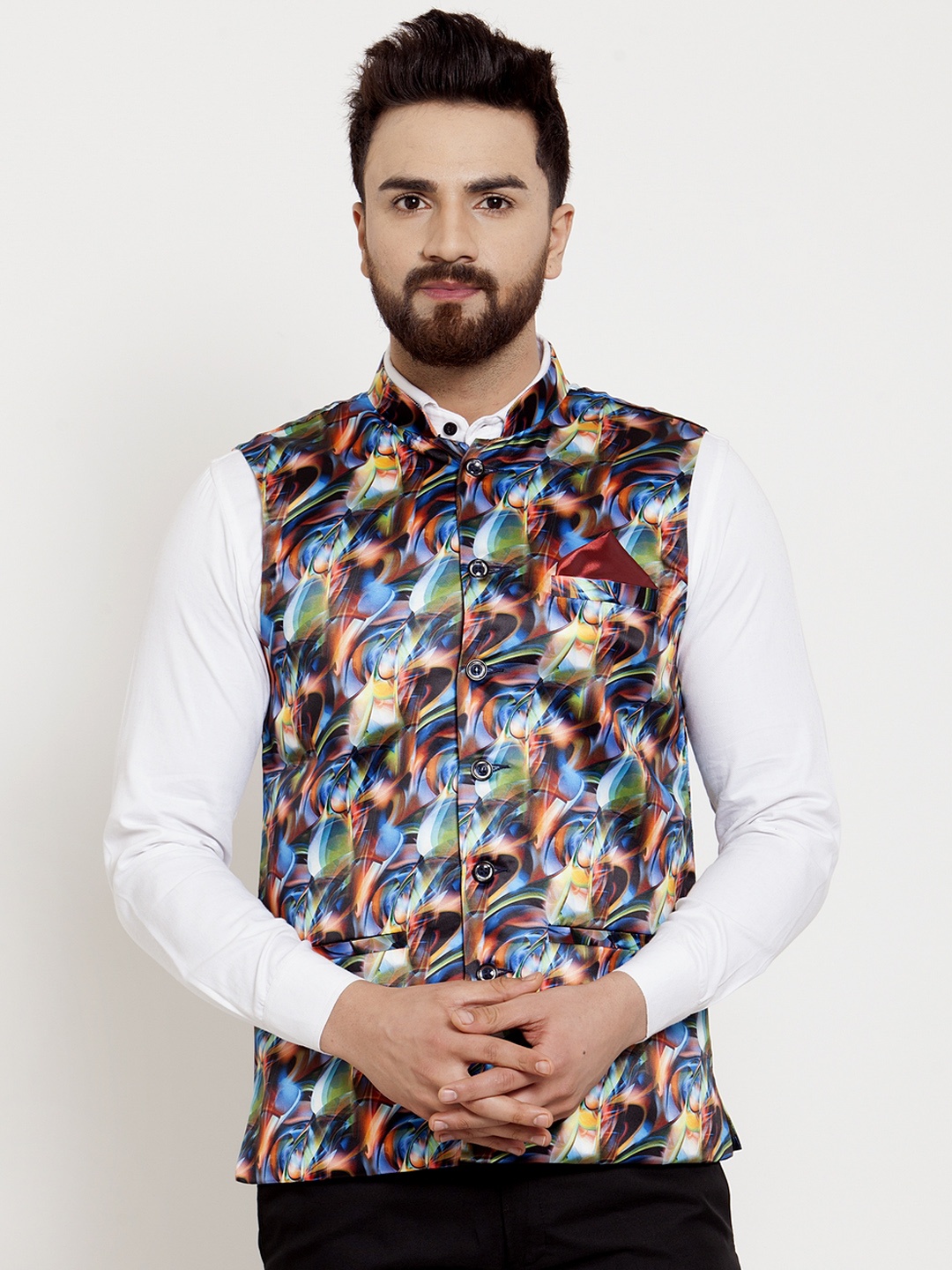 KLOTTHE Printed Cotton Blend Nehru Jacket, Multi