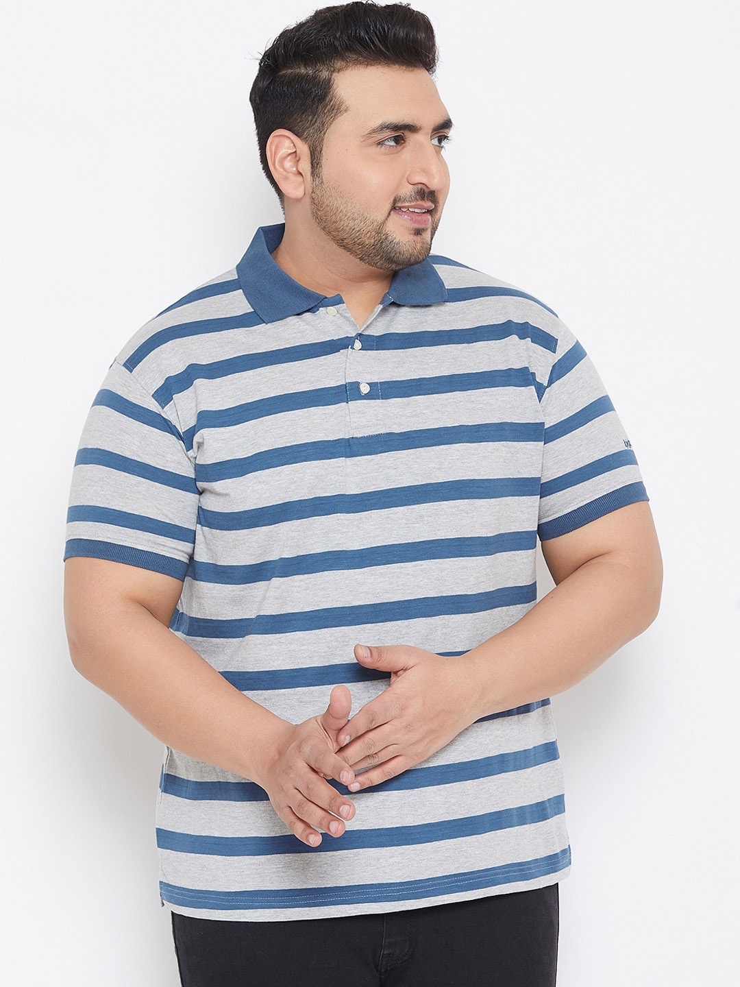 bigbanana Plus Size Men Grey Blue Striped Polo Collar Bio-Finish Pure Cotton T-shirt
bigbanana Plus Size Men Grey Blue Striped Polo Collar Bio-Finish Pure Cotton T-shirt