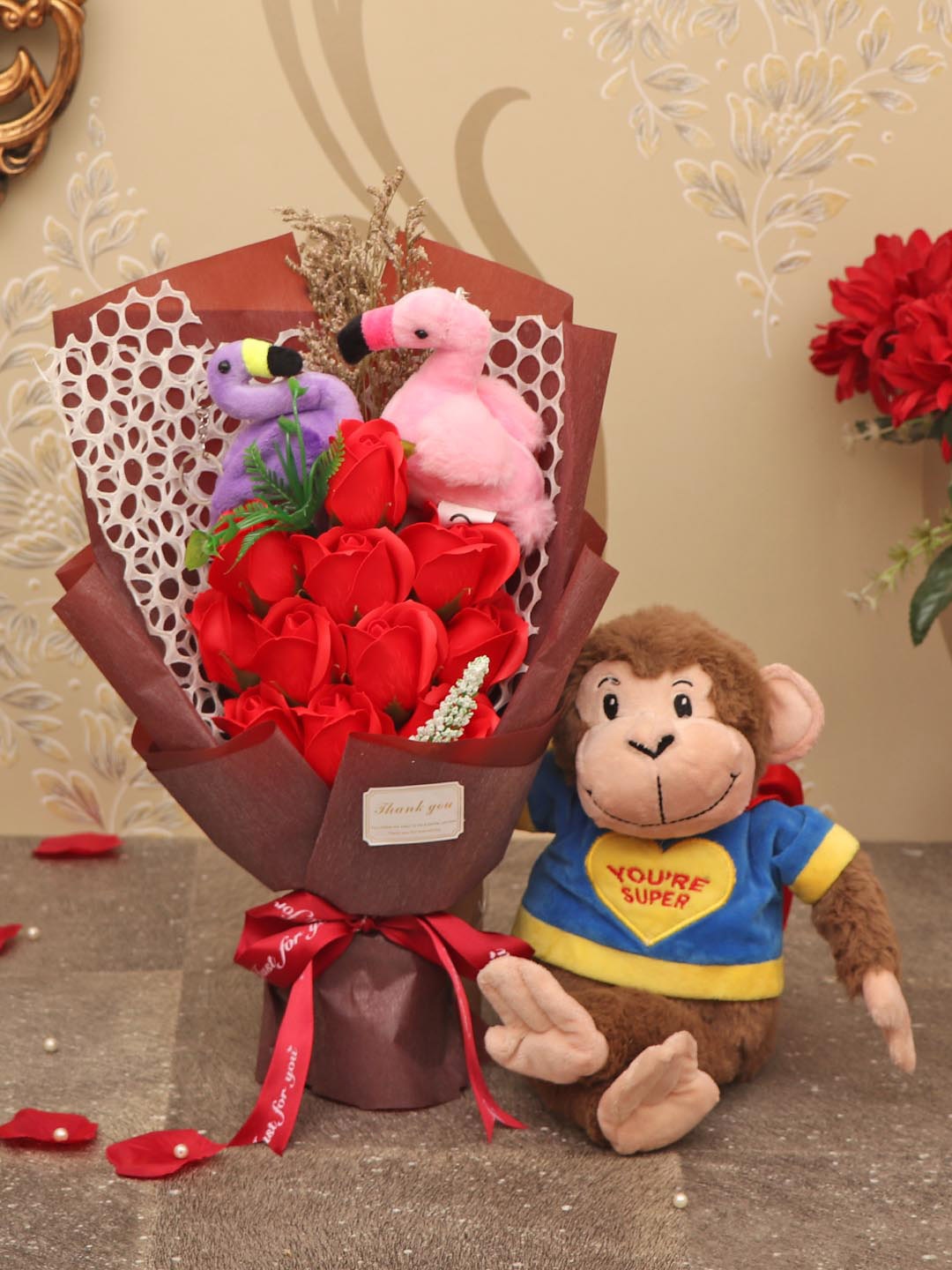 TIED RIBBONS Brown & Red Artificial Scented Flower With Wooden Bucket & 2 Mini Teddy
TIED RIBBONS Brown & Red Artificial Scented Flower With Wooden Bucket & 2 Mini Teddy