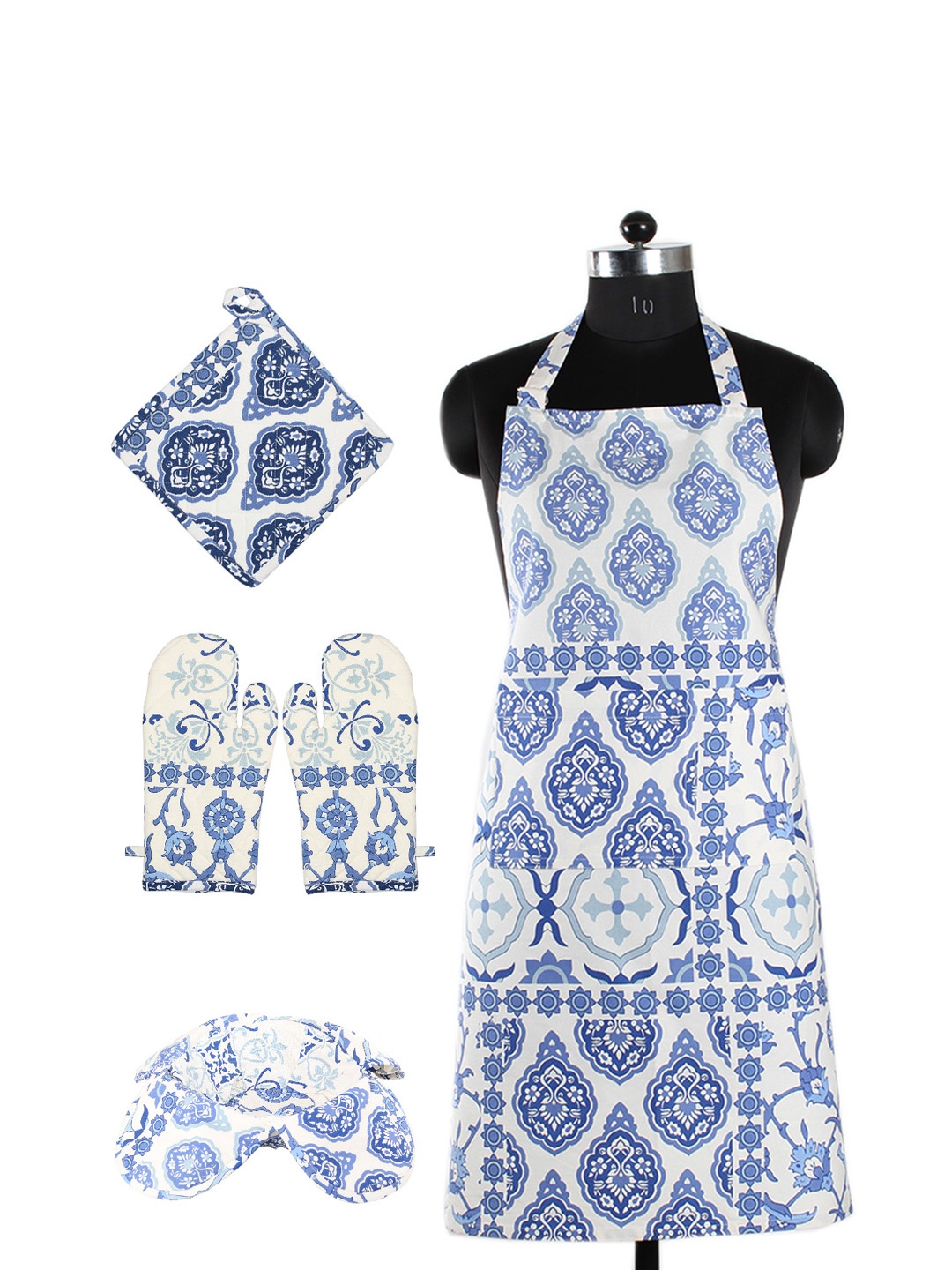House This Set of 5 Blue & White Printed Cotton Kitchen Linen Set