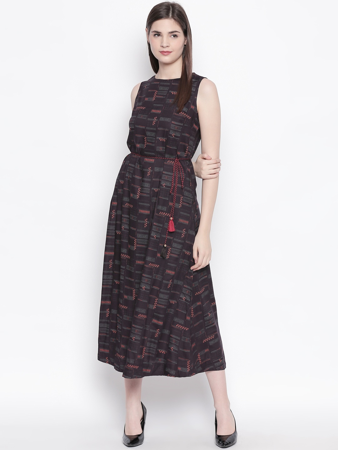 AKKRITI BY PANTALOONS Women Black Printed Fit and Flare Dress