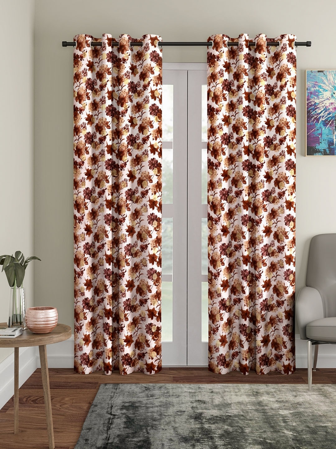 ROMEE Set of 2 Cream-Coloured & Brown Room Darkening Door Curtains
