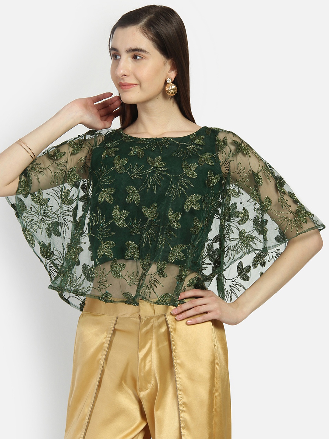 studio rasa Women Net Floral Embroidered Cape Top, Green
