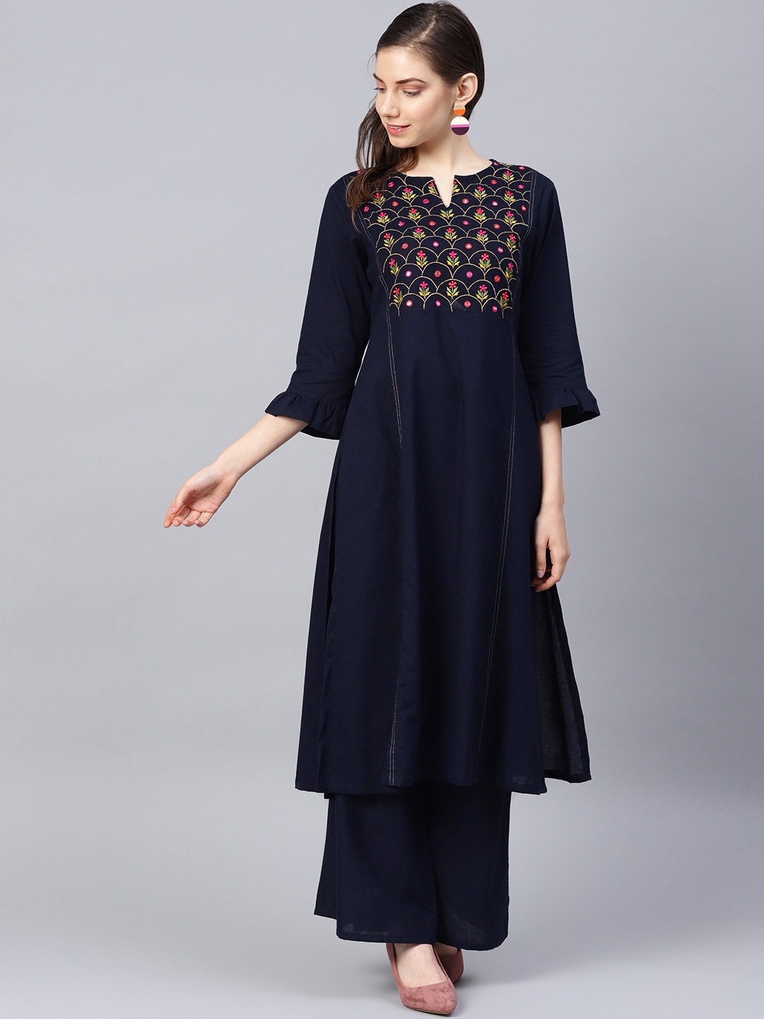 Bhama Couture Women Navy Blue Floral Embroidered Regular Mirror Work Pure Cotton Kurta with Palazzos
Bhama Couture Women Navy Blue Floral Embroidered Regular Mirror Work Pure Cotton Kurta with Palazzos