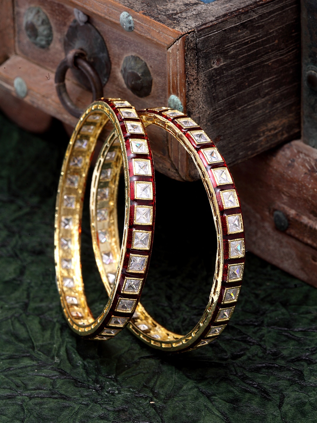 DUGRISTYLE Set of 2 Sterling Silver Gold-Plated Red & White AD-Studded Meenakari Bangles