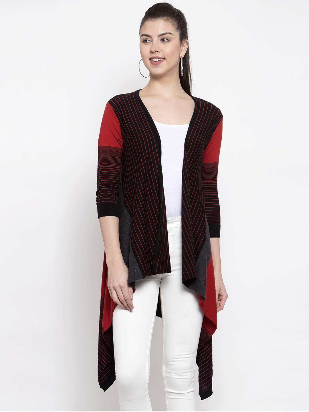 Kalt Women Red & Black Striped Open Front Fusion Shrug
Kalt Women Red & Black Striped Open Front Fusion Shrug