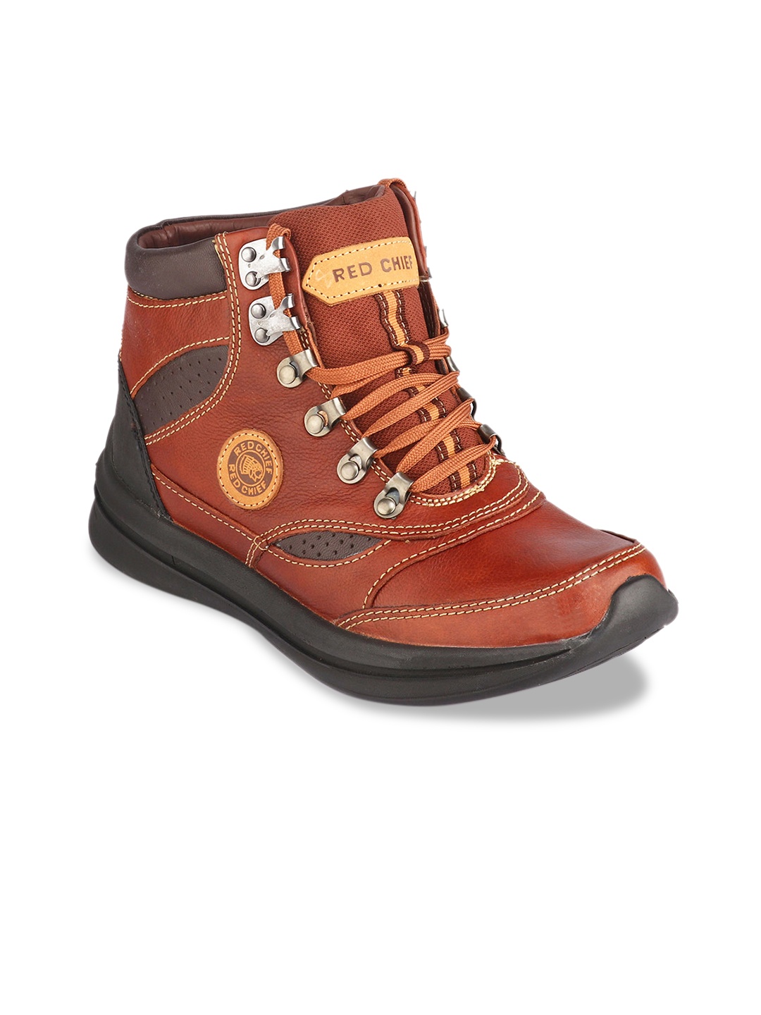 Red Chief Men Brown Colourblocked Leather Mid-Top Flat Boots
