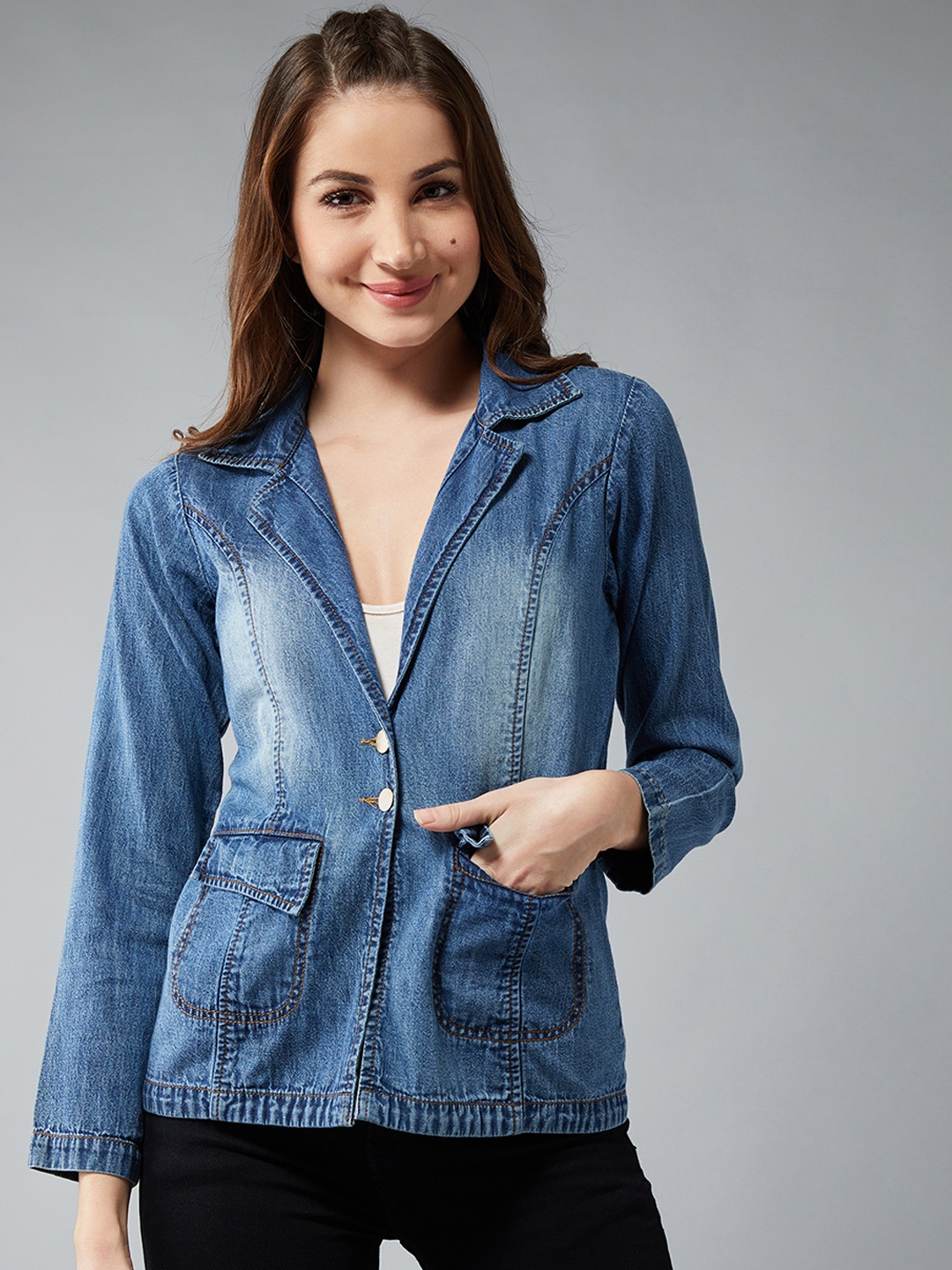 DOLCE CRUDO Women Blue Solid Denim Jacket